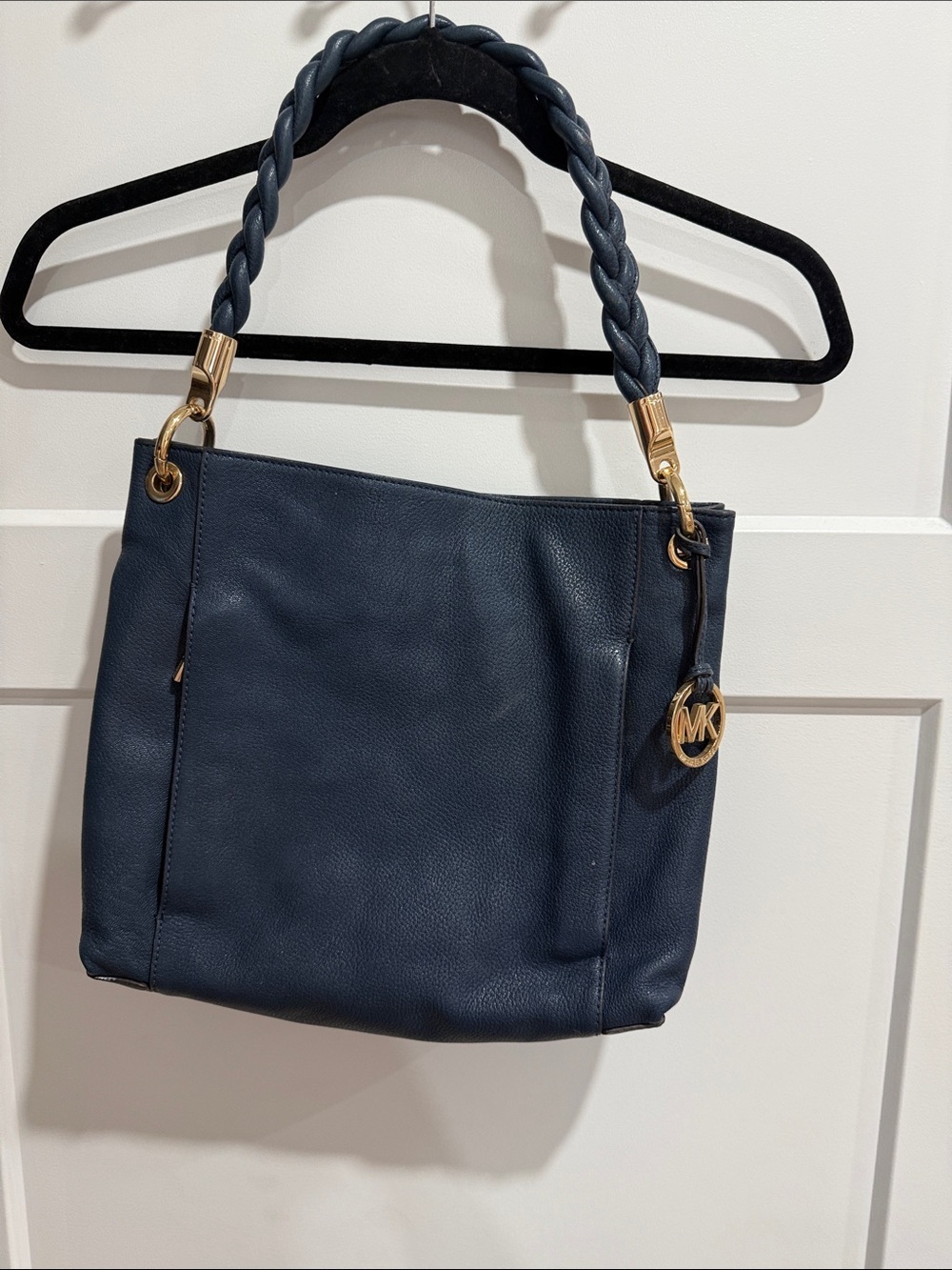 Michael Kors Navy Leather Shoulder Bag with Braided Handle and Gold Hardware